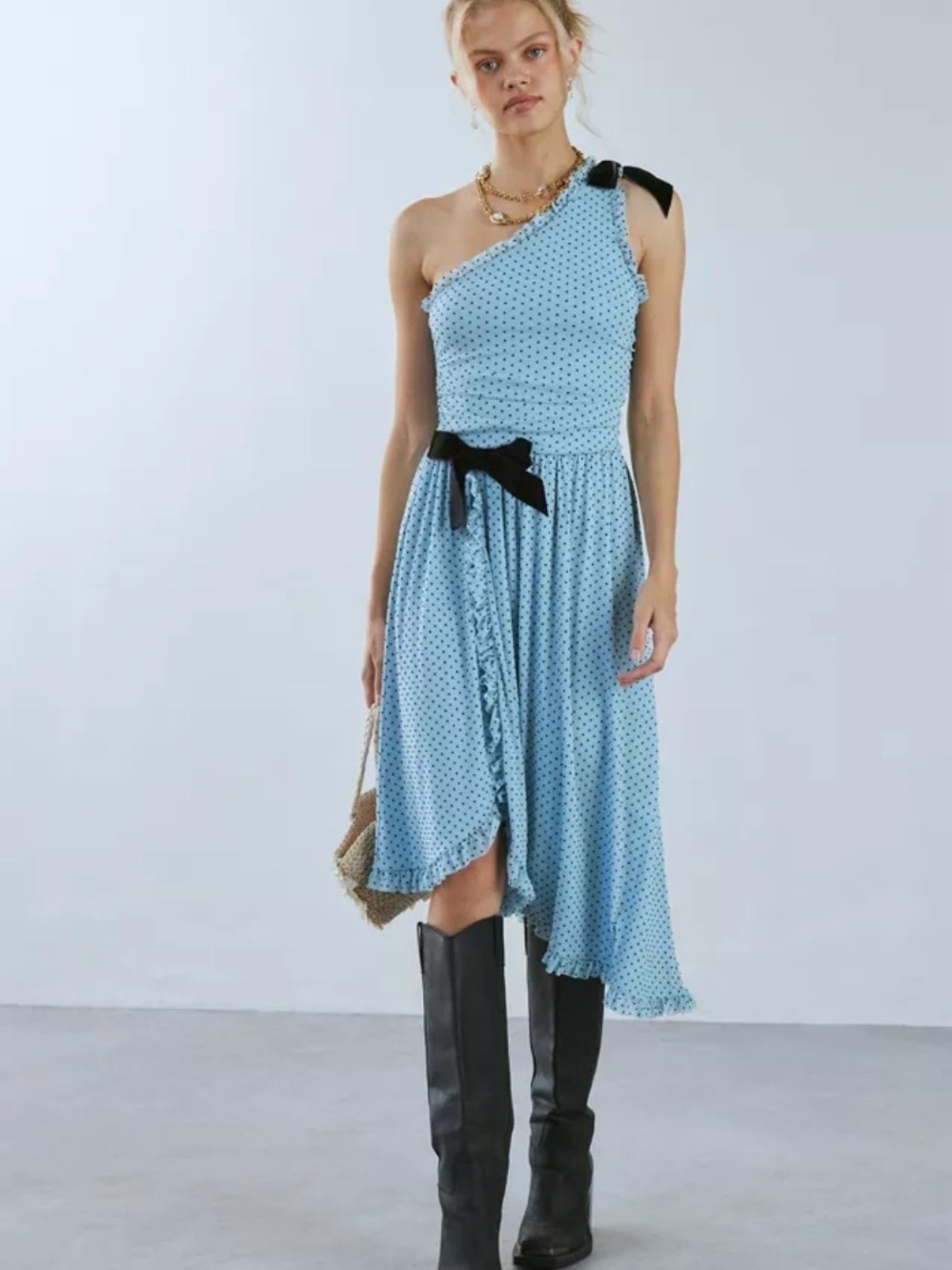 Urban Outfitters Light Blue One-Shoulder Polka Dot Dress with Black Bows